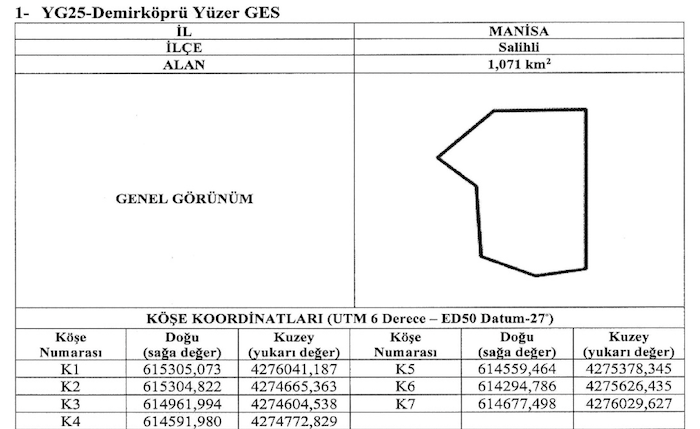 Yüzer güneş santrali YEKA alanı belirlendi
